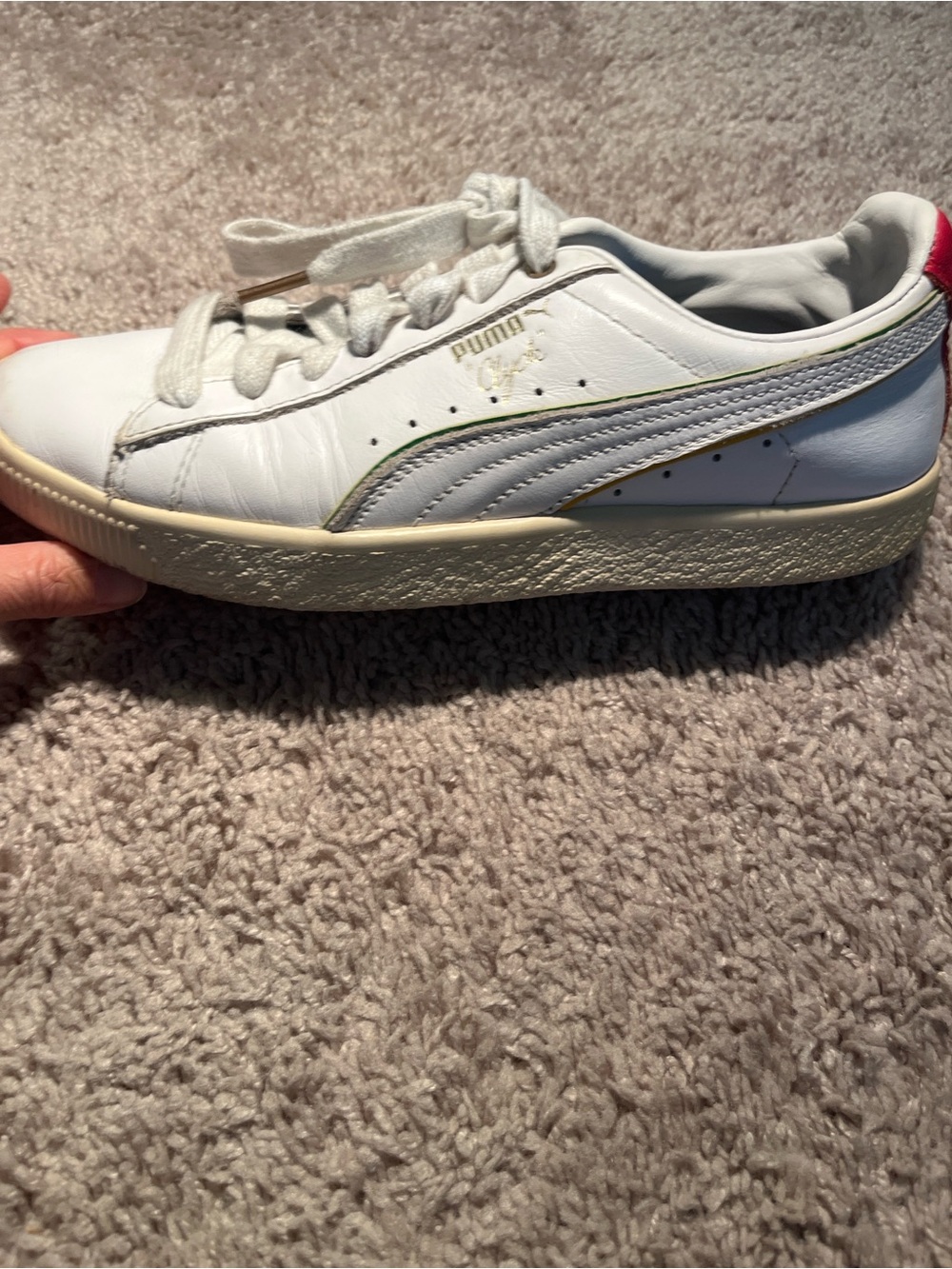 Puma “Clyde” White Leather Sneakers with Red Heel and Subtle Green Trim